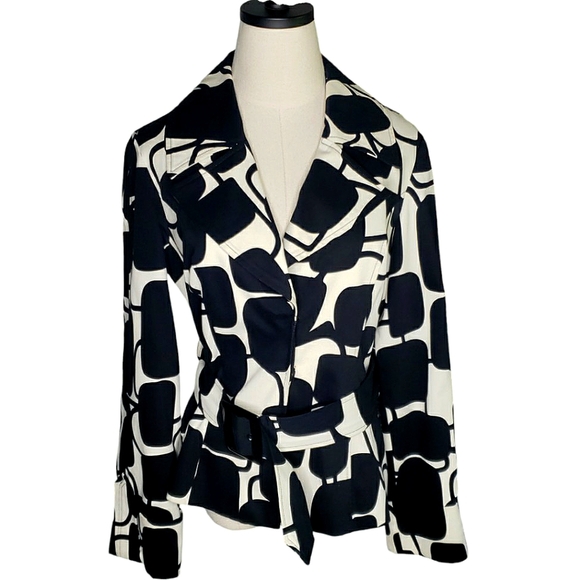 INC Abstract Geometric Bold Artsy Mod Pop-Art Chic Trench Style Belted Jacket M - Picture 1 of 13